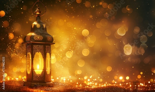 Radiant Ramadan greeting card design featuring intricate gold accents and a captivating lantern motif, evoking the spirit of joy and reverence during the holy month