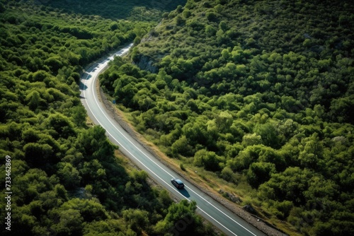 Aerial view of car on road in Sardinia  Italy.