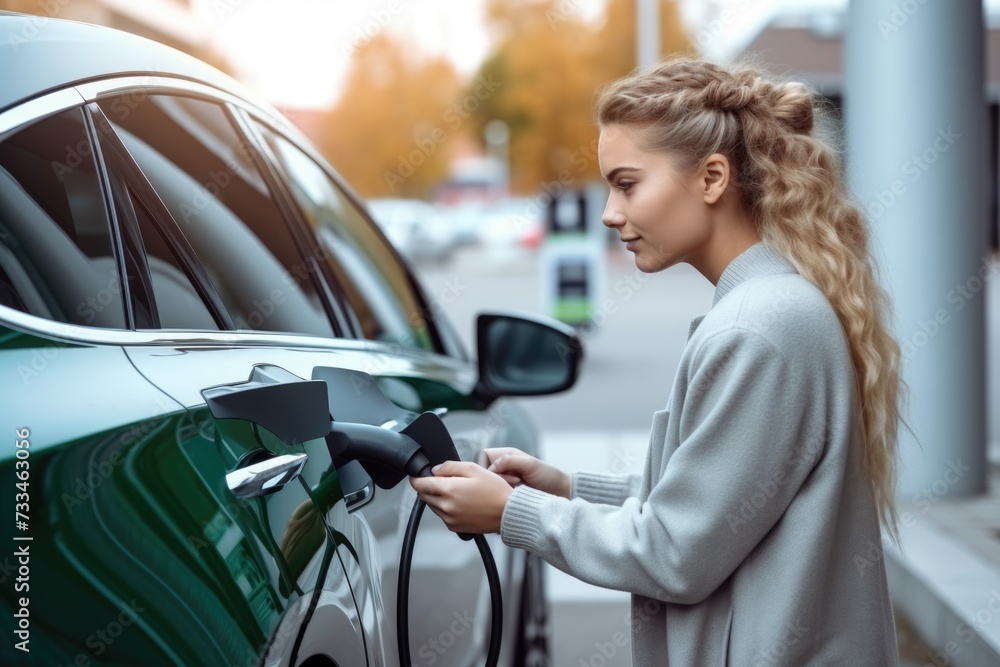 Woman waits for electric car to charge at home. Woman waits for electric car to charge at home.