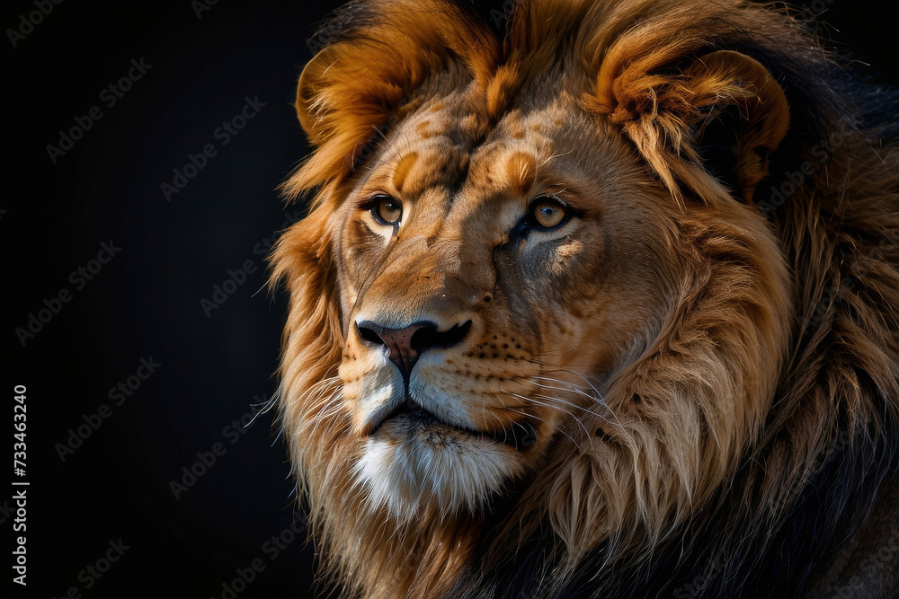 Majestic lion face with dark background