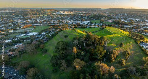 Aerial: Mt Hobson Volcano in Auckland, New Zealand.