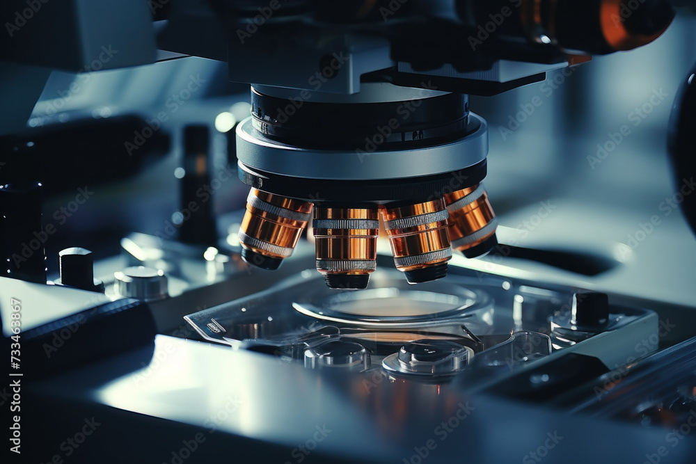 Detailed capture of high-powered microscope lenses and slides in a research facility Detailed capture of high-powered microscope lenses and slides in a research facility