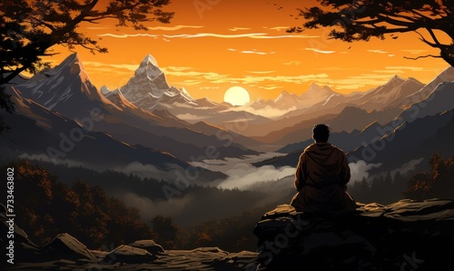 panoramic view of a tranquil mountain landscape where a lone yogi meditates at sunset