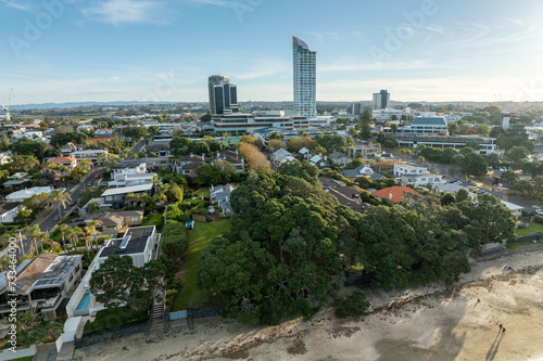 Aerial: Takapuna skyline in Auckland, Auckland, New Zealand. photo