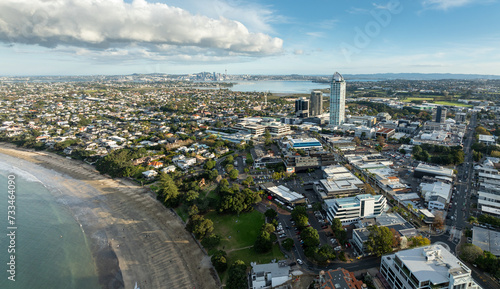 Aerial: Takapuna skyline in Auckland, Auckland, New Zealand. photo