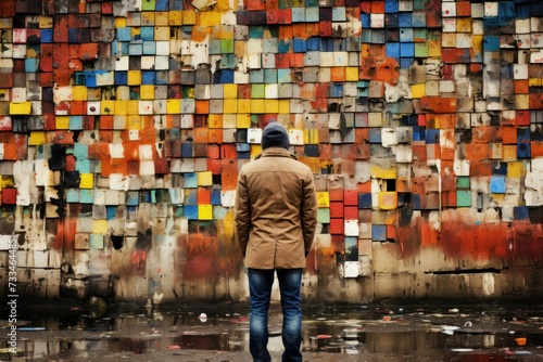 a man stands in front of a wall consisting of different square fragments, the concept of a complex design from many options