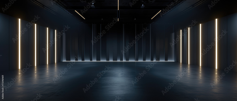 Abstract dark room background, empty garage with lines of led light, black interior of modern hall, stage or studio. Concept of futuristic hallway, warehouse, showroom - obrazy, fototapety, plakaty 