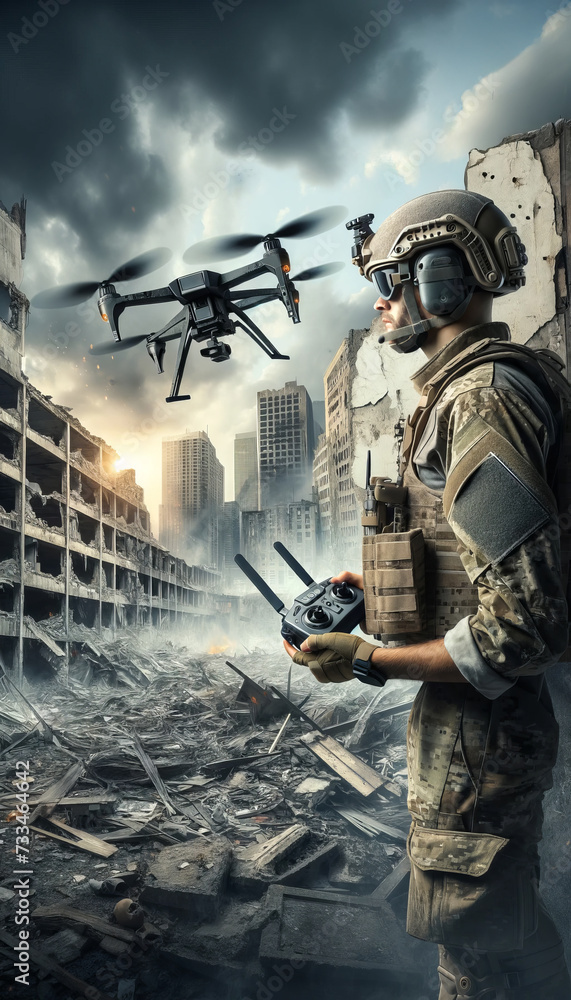 Fototapeta premium Advanced Drone Surveillance by Soldier in Ruined Cityscape