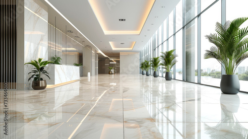 Light interior of modern office hall with clean white marble floor and green plants, inside luxury shiny lobby of commercial building. Concept of tile, hallway, company, business. photo