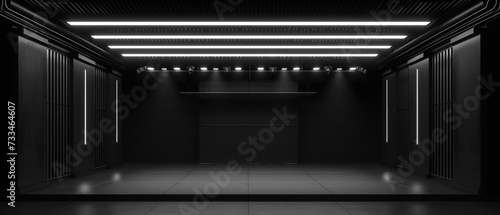 Abstract dark stage background, empty garage with lines of led light, black interior of modern hall, room or studio. Concept of futuristic hallway, warehouse, industry