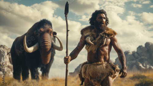 Obraz na plátně Neanderthal man and woolly mammoth, primitive human holding spear hunts animals, caveman of prehistoric era outdoor
