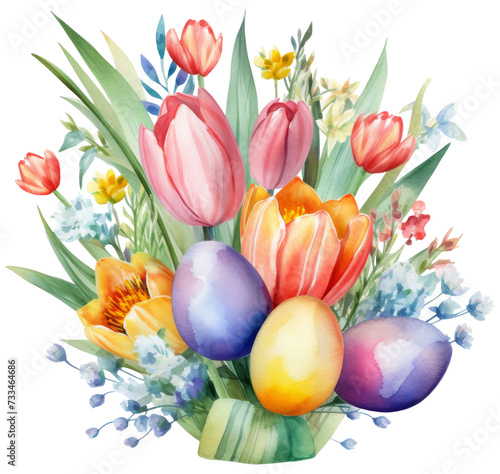 PNG Colorful watercolor floral arrangement with assorted Easter eggs tulips and daffodils spring flowers on transparent background