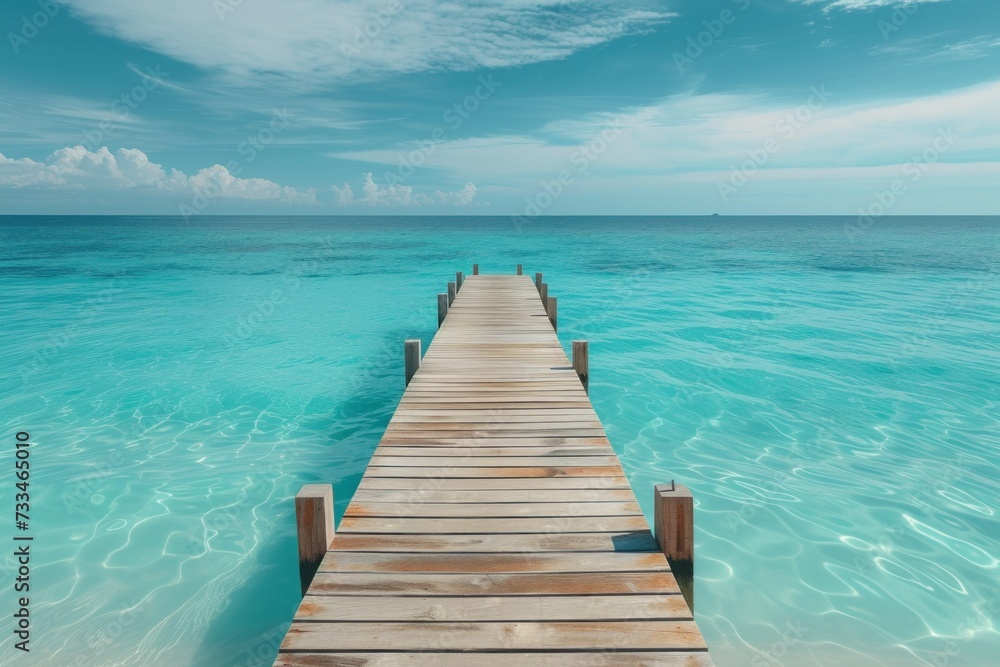 Long wooden bridge in beautiful tropical beach