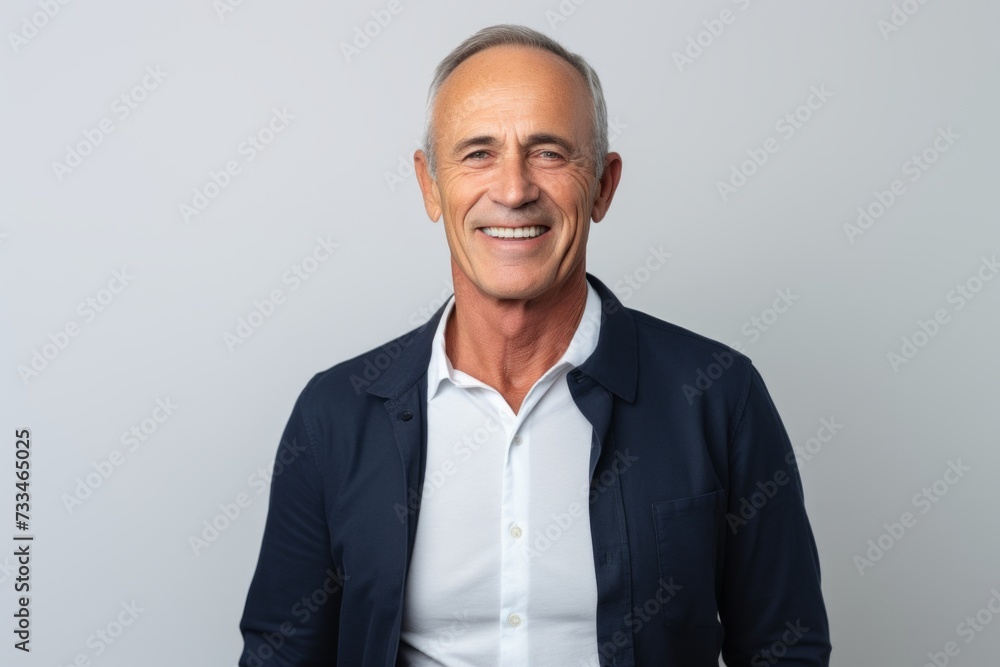 Portrait of happy senior man smiling and looking at camera while standing against grey background Portrait of happy senior man smiling and looking at camera while standing against grey background