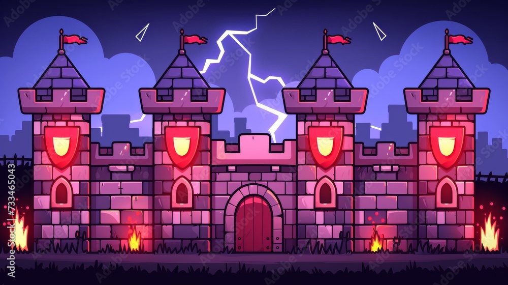 Pixel Art Castle with Red Banners and Thunderstorm