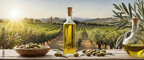 golden olive oil bottles with olives leaves and fruits setup in the middle of rural olive field with morning sunshine as wide banner with copyspace area  photo