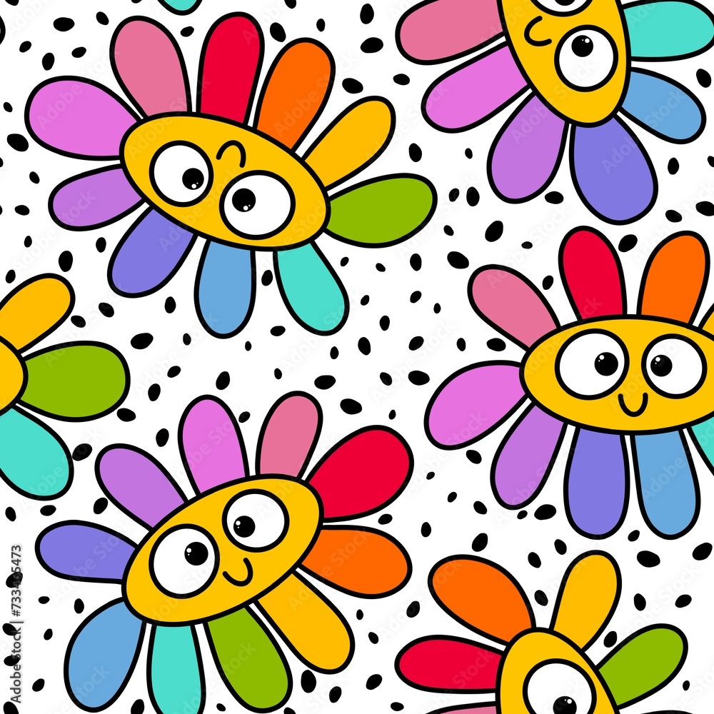 Cartoon summer retro seamless flower pattern for wrapping paper and fabrics and spring packaging and kids print Cartoon summer retro seamless flower pattern for wrapping paper and fabrics and spring packaging and kids print
