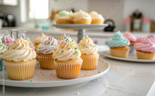 An assortment of cupcakes, adorned with colorful frosting and sprinkles, rest on a white plate