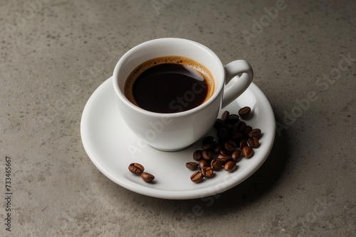 Top view of a cup of coffee with coffee beans