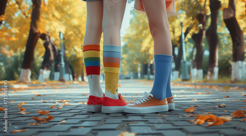 Legs of lgbt women kissing each other with colorful socks standing on a footpath
