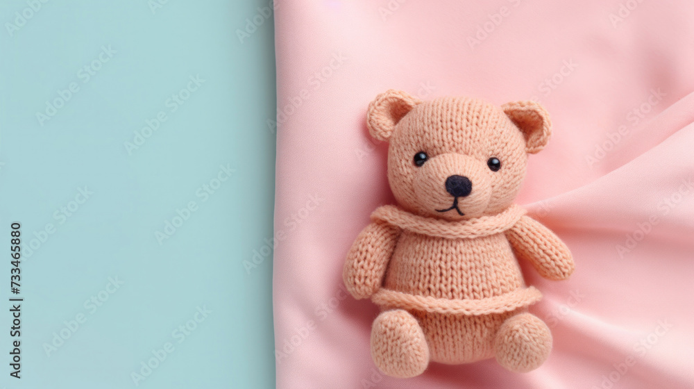 Obraz premium A small knitted amigurumi bear toy on a pink blanket, on a blue background. Flat lay, top view, copy space. space for text