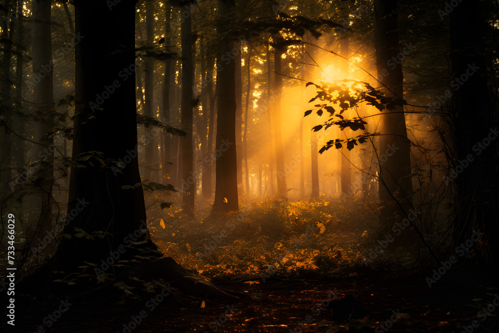 The Divine Illumination - The Passionate Dance of Light and Shadow During Sunset in Dense Forest