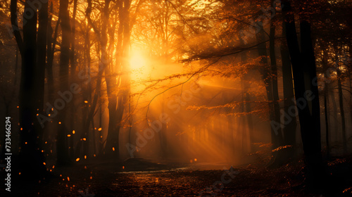 The Divine Illumination - The Passionate Dance of Light and Shadow During Sunset in Dense Forest © Dora