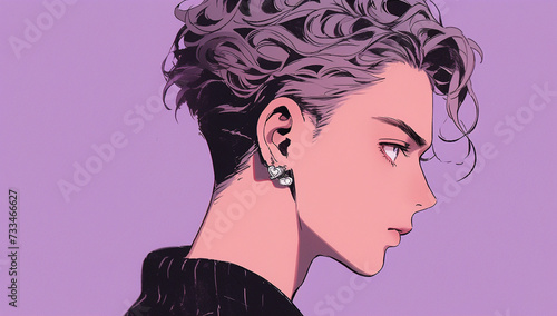 portrait in profile of a young stylish anime guy with short hair on a purple background