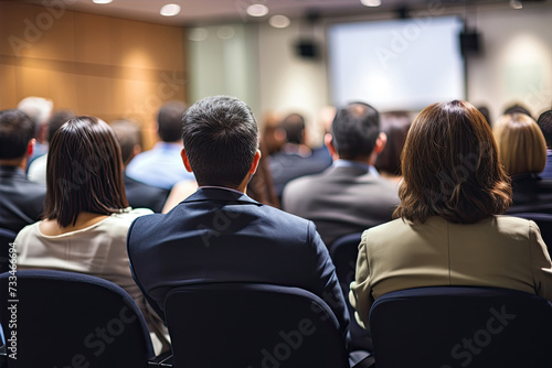Rear view of meeting of group of business people wearing suits are sitting in chairs facing projection screen. Chairs are arranged in rows and seminar room has wooden paneling