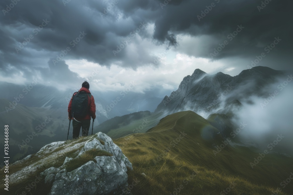 Hiker walks along a mountain ridge in bad weather