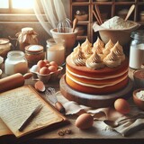 A delightful homemade cake sits gracefully on a wooden table, surrounded by its ingredients and baking utensils, emanating an inviting aroma