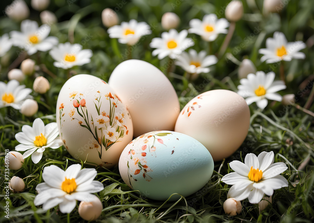 Easter eggs painted with floral patterns on grass with white daisies. Generative ai Easter eggs painted with floral patterns on grass with white daisies. Generative ai