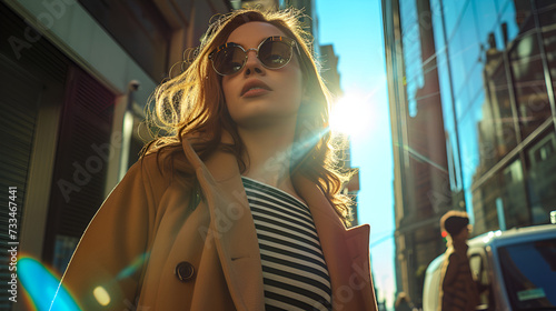 Woman in trench coat and sunglasses against the sunlit backdrop of a busy city street