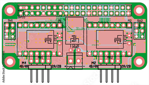 Vector printed circuit board of an electronic 
device with components of radio elements, 
conductors and contact pads placed on it. 
Engineering technical drawing.