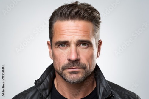 Handsome middle age man with beard and mustache over grey background © Igor
