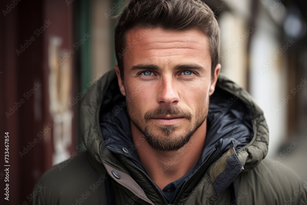 Portrait of a handsome man in a winter jacket. Men's beauty, fashion. Portrait of a handsome man in a winter jacket. Men's beauty, fashion.