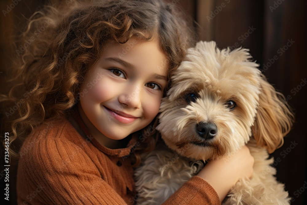 cheerful little girl with curly hair smiling and hugging her pet dog cheerful little girl with curly hair smiling and hugging her pet dog