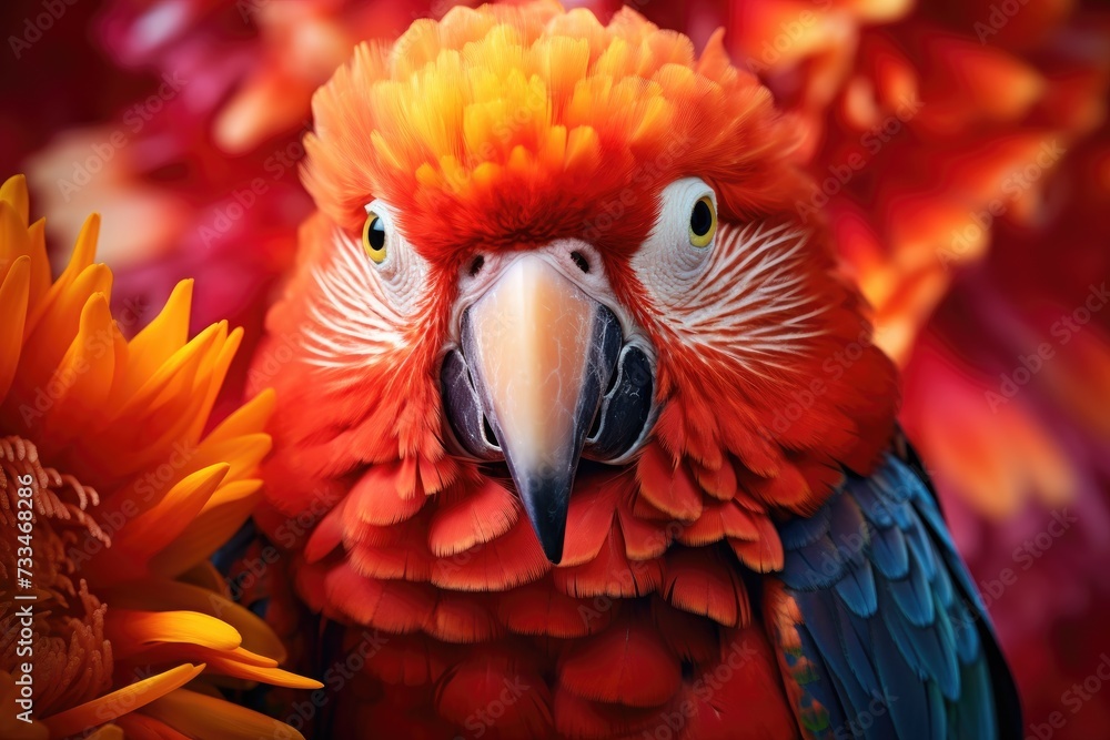 Fototapeta premium Parrot on the flower. Beautiful extreme close-up