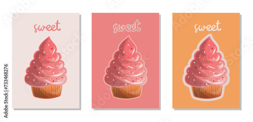 Poster - 3 sweet pink cupcakes - vector CMYK