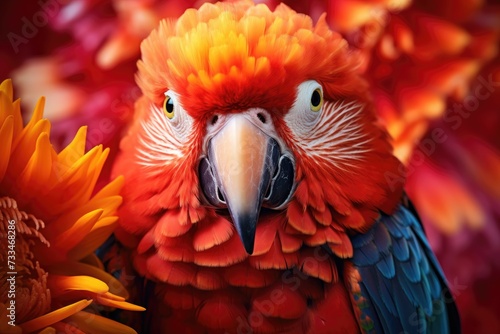 Parrot on the flower. Beautiful extreme close-up