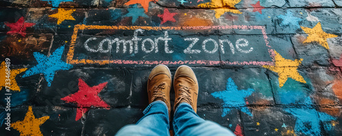 Personal growth and self-improvement concept with feet standing at the edge of a chalk-drawn circle labeled comfort zone surrounded by colorful stars photo