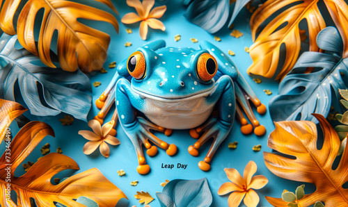 Whimsical and vibrant 'Leap Day' themed illustration featuring a blue frog surrounded by golden tropical leaves on a teal background