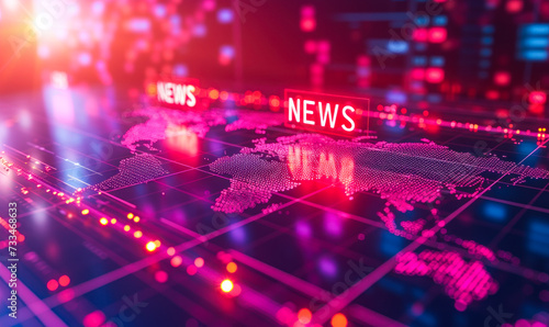 Global digital news concept with bold NEWS lettering overlaying a binary code matrix, world map, and financial graphs representing instant access to international information photo