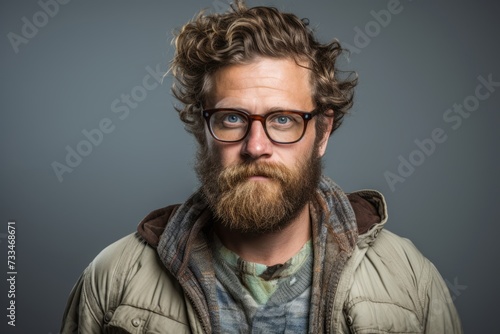 Portrait of a handsome young man with a long beard and mustache wearing glasses