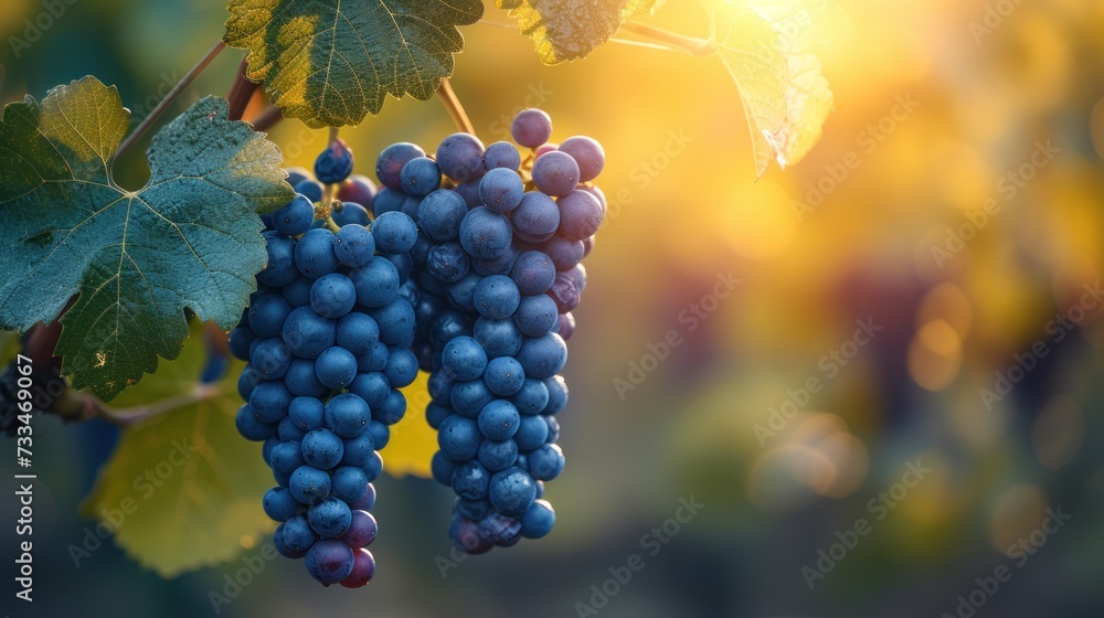 Sunset Vineyard: Ripe Grapes on the Vine - obrazy, fototapety, plakaty 