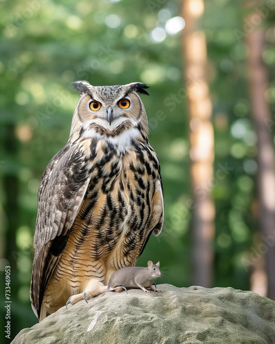 An eagle owl sits on a rock, besides a rat as prey. AI generated.