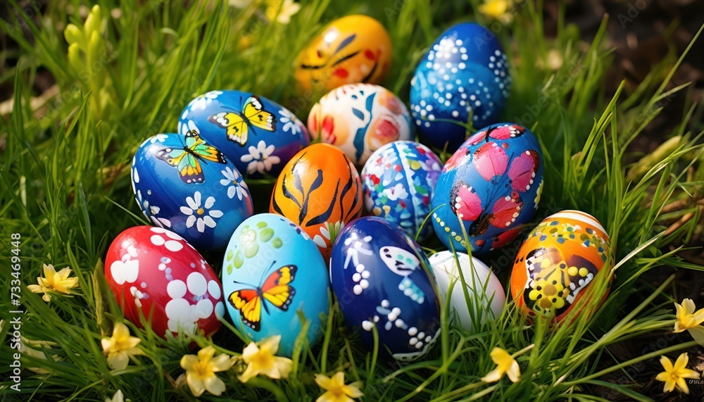 Various Easter eggs with spring pattern theme and spring flowers in Green Grass background