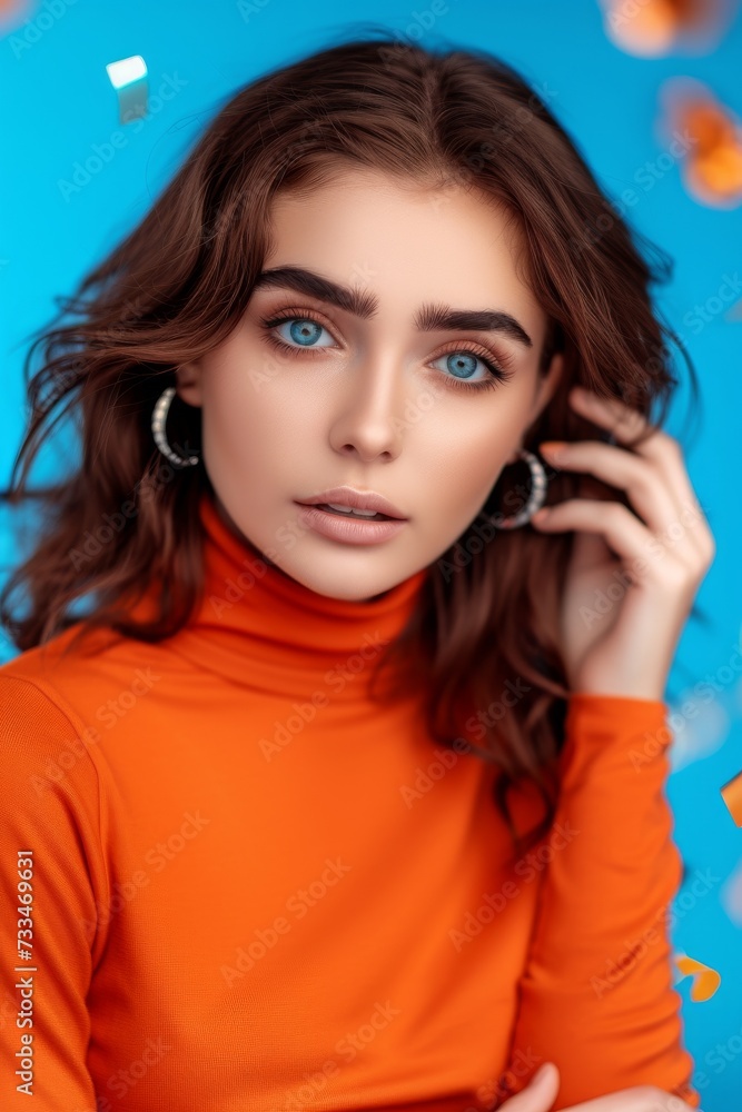 Captured in a stylish orange turtleneck, the girl's piercing gaze and flawless features evoke a sense of confidence and fashion-forward sophistication in this stunning portrait