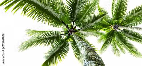 bottom view of palm branches isolated on white background. Coconut trees, dynamic view from bottom 