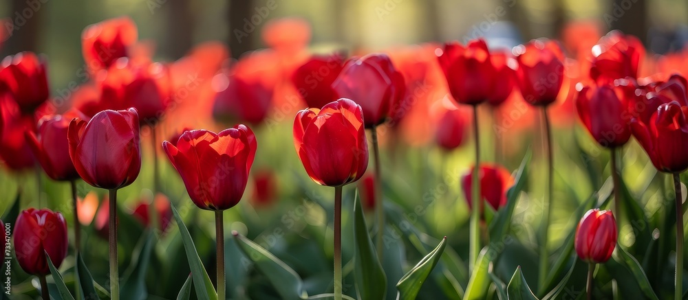 Fototapeta premium Red tulips in the park, with a spring backdrop.
